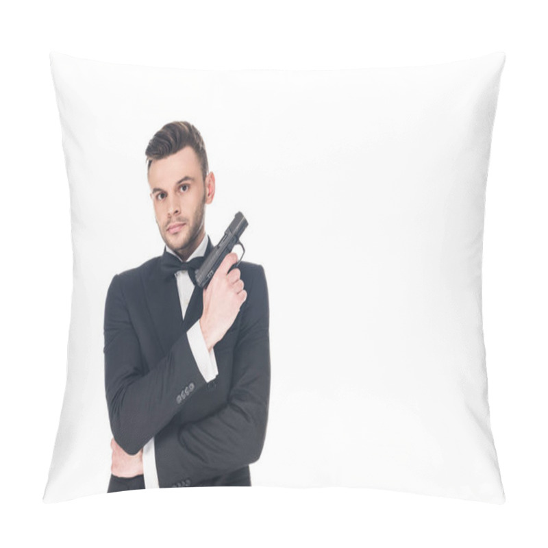 Personality  Serious Secret Agent In Black Suit Holding Handgun, Isolated On White Pillow Covers