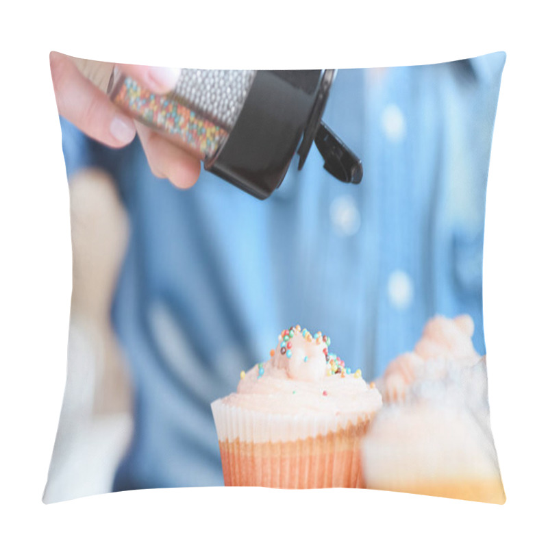 Personality  Woman Putting Confetti On Cupcakes Pillow Covers