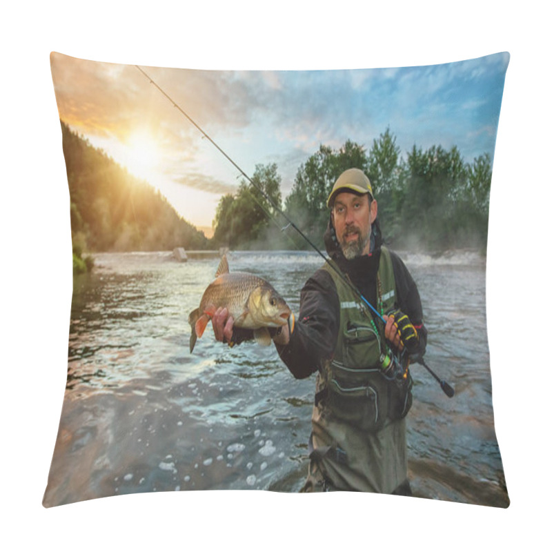 Personality  Sport Fisherman Holding Trophy Fish. Outdoor Fishing In River Pillow Covers