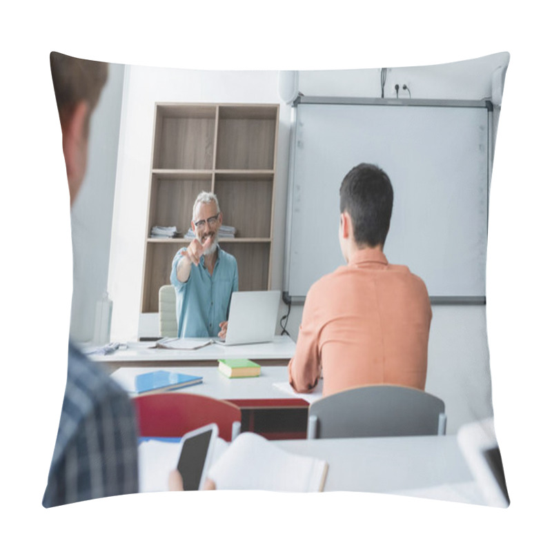 Personality  Smiling Teacher Pointing With Finger Near Schoolboys And Gadgets In Classroom  Pillow Covers