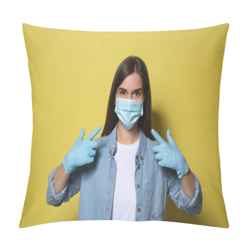 Personality  Female Volunteer In Mask And Gloves On Yellow Background. Protective Measures During Coronavirus Quarantine Pillow Covers