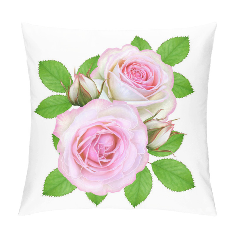 Personality  Flower Composition. A Bouquet Of Delicate Pink Roses, Buds, Green Leaves. Isolated On White Background. Pillow Covers