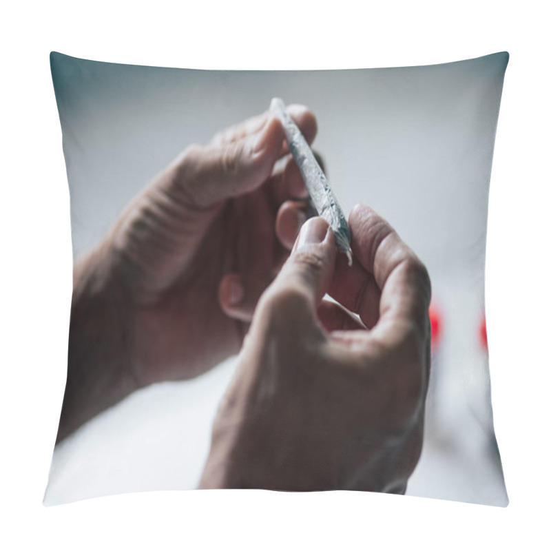 Personality  Cropped View Of Man Rolling Blunt With Medical Cannabis Pillow Covers