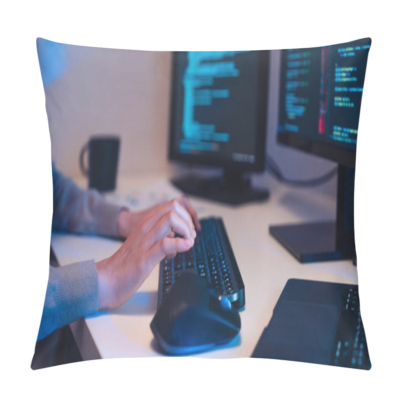 Personality  Close Up Hand Of Asian Prompt Engineer Develop Coding App With Software Data Sitting In Front Of Computer Monitor At Office Pillow Covers