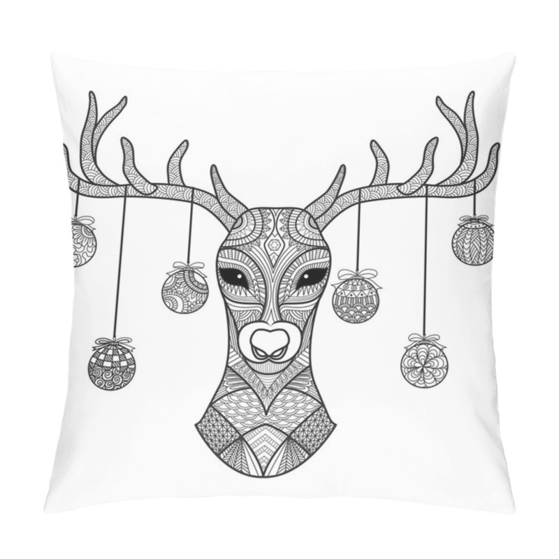 Personality  Hand Drawn Deer Head With Christmas Balls Hanging On Its Horn Pillow Covers