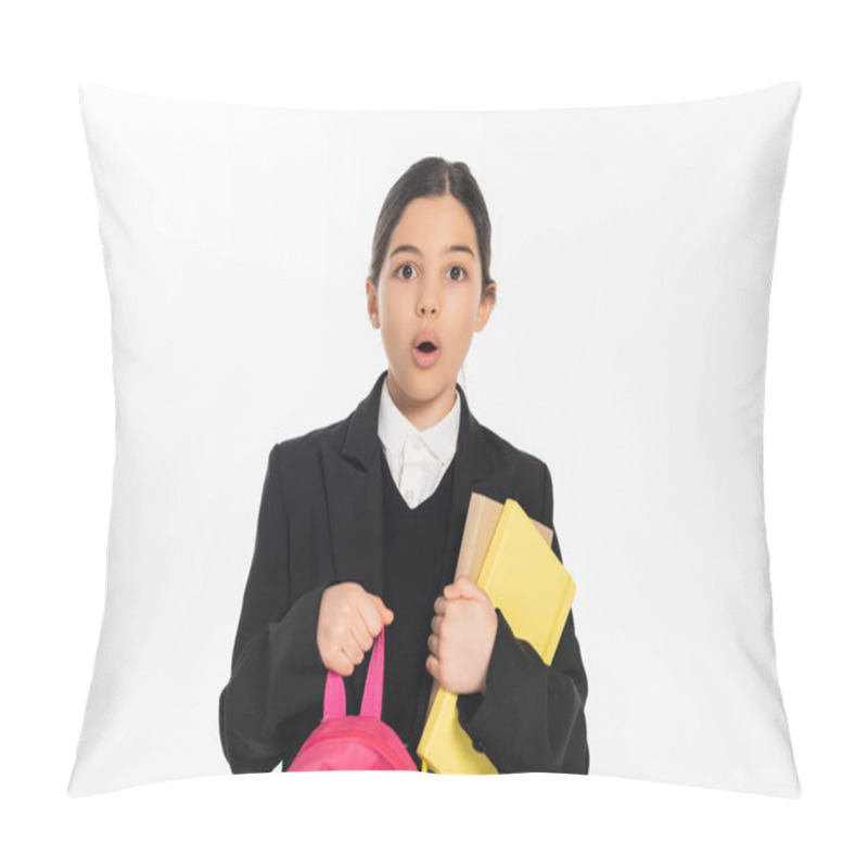 Personality  Schoolgirl In Uniform Reading Book, Student With Brunette Hair Isolated On White, Smart, Education Pillow Covers