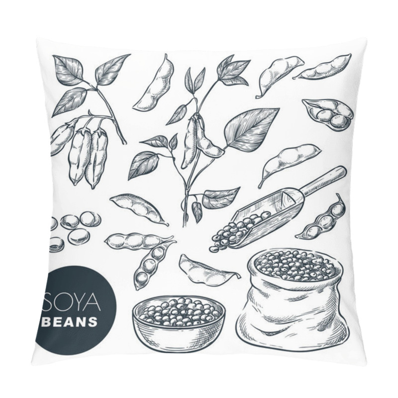 Personality  Soybean Sketch Vector Illustration. Soya Beens, Pod On Green Plant And Seeds In Sack. Hand Drawn Isolated Design Elements. Pillow Covers