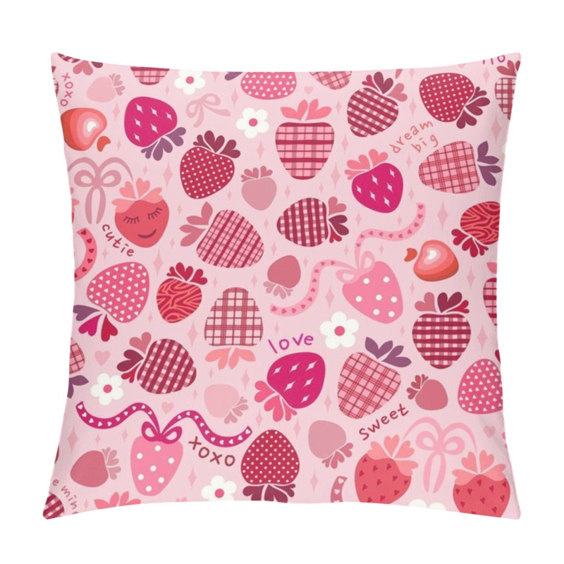 Personality  Plaid And Polka Dots Strawberries, Classic Pink And Red Hearts, Flowers, Ribbons. Text: Love, Xoxo, Be Mine, Dream Big, Sweet, Cutie, Hello. Trendy  #lovecore Aesthetic Popularized By Gen Z On Social Media. Valentines Day Romantic Holiday Design. Pillow Covers