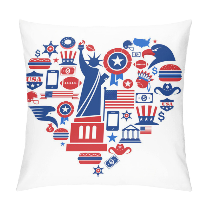 Personality  America Love - Heart Shape With Many Vector Icons Pillow Covers