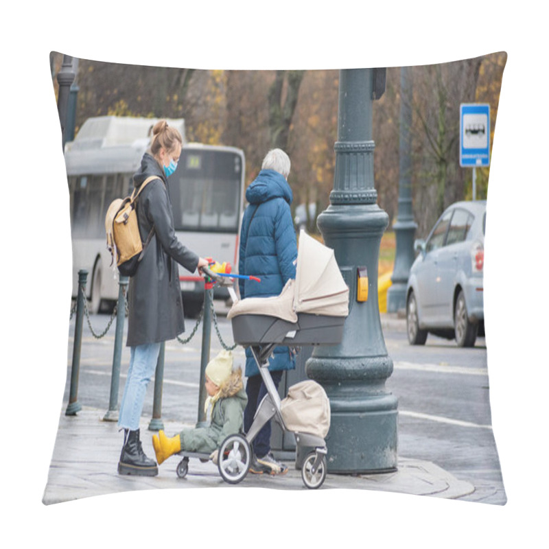 Personality  Vilnius, Lithuania - November 6 2020: Girl With Stroller Walking In The City Near A Shop Or Shopping Center During Covid Or Coronavirus Outbreak Pillow Covers