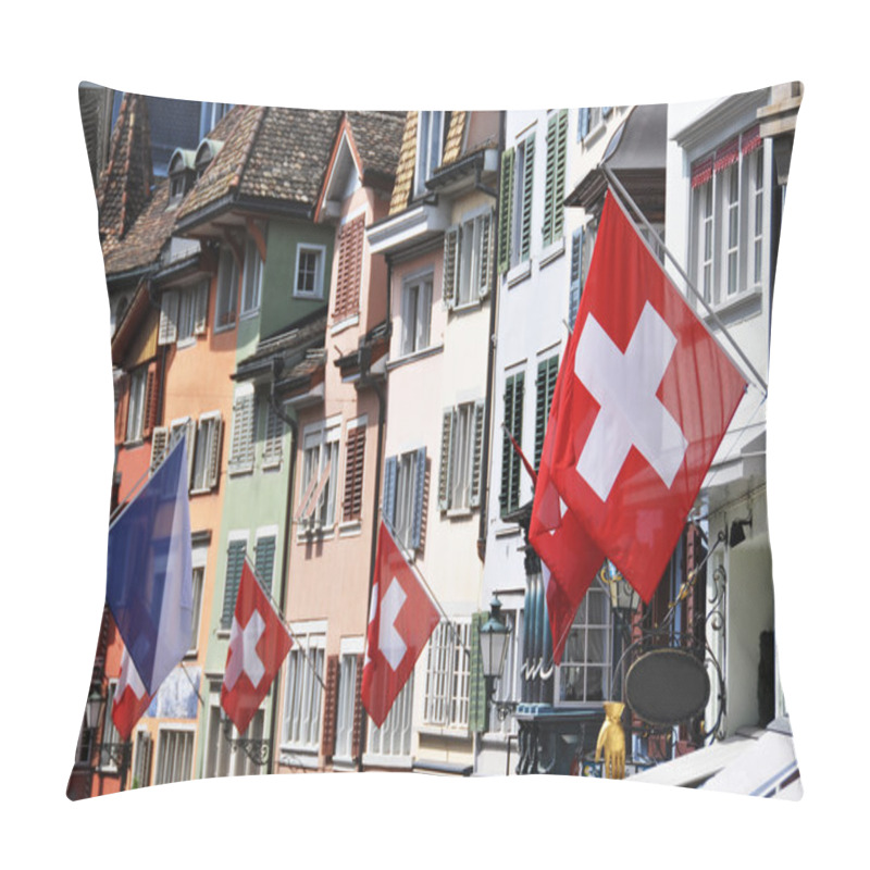 Personality  Old Street In Zurich Decorated With Flags For The Swiss National Pillow Covers