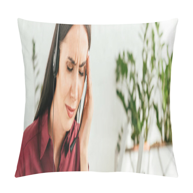 Personality  Panoramic Shot Of Tired Broker With Migraine Touching Head In Office  Pillow Covers