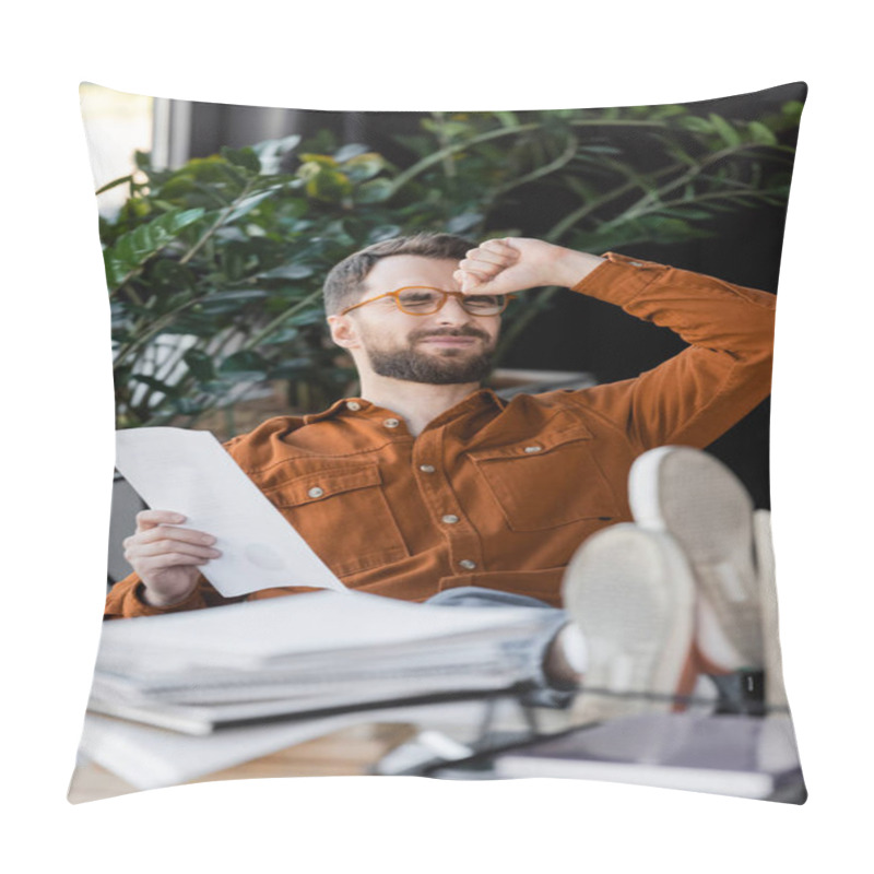 Personality  Busy And Tired Businessman In Eyeglasses And Shirt Holding Document While Sitting With Legs On Desk And Closed Eyes Near Blurred Pile Of Notebooks On Work Desk In Office Pillow Covers