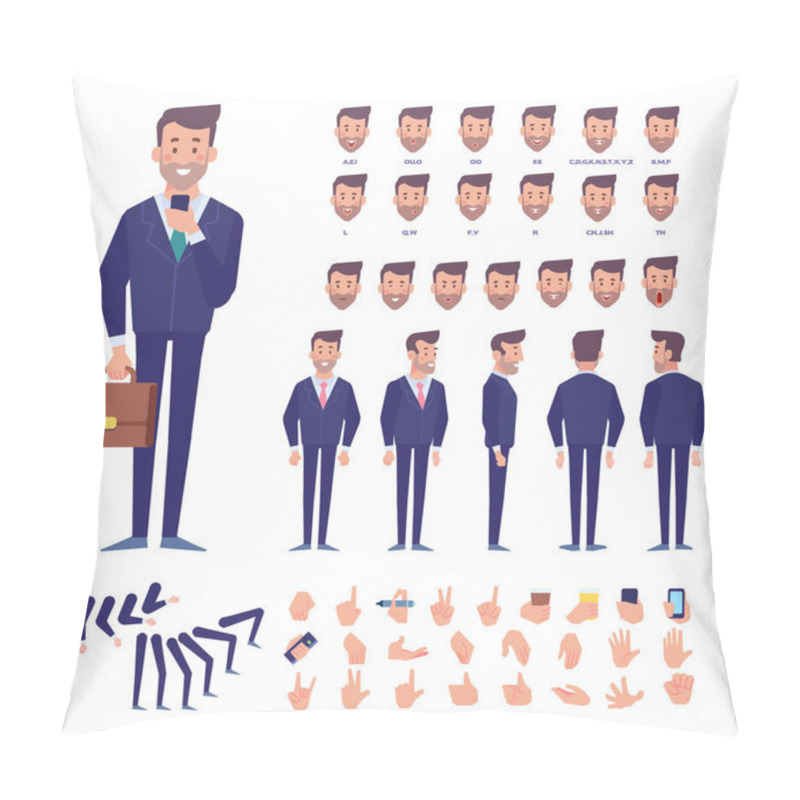 Personality  Front, Side, Back View Animated Character. Business Man Character Creation Set With Various Views, Hairstyles, Poses And Gestures. Cartoon Style, Flat Vector Illustration. Pillow Covers