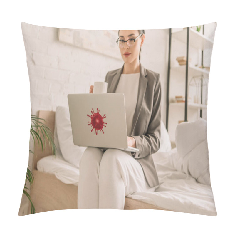 Personality  Attractive Businesswoman In Blazer Over Pajamas Using Laptop And Holding Cup Of Coffee While Sitting On Bed Pillow Covers