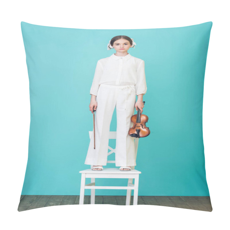 Personality  Girl In White Outfit Holding Violin And Standing On Chair, On Blue Pillow Covers