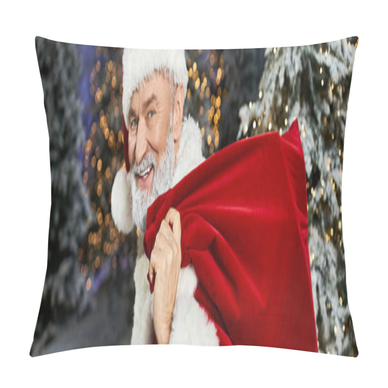 Personality  A Joyful Figure Dressed As Santa Carries A Red Sack, Surrounded By A Winter Wonderland. Pillow Covers