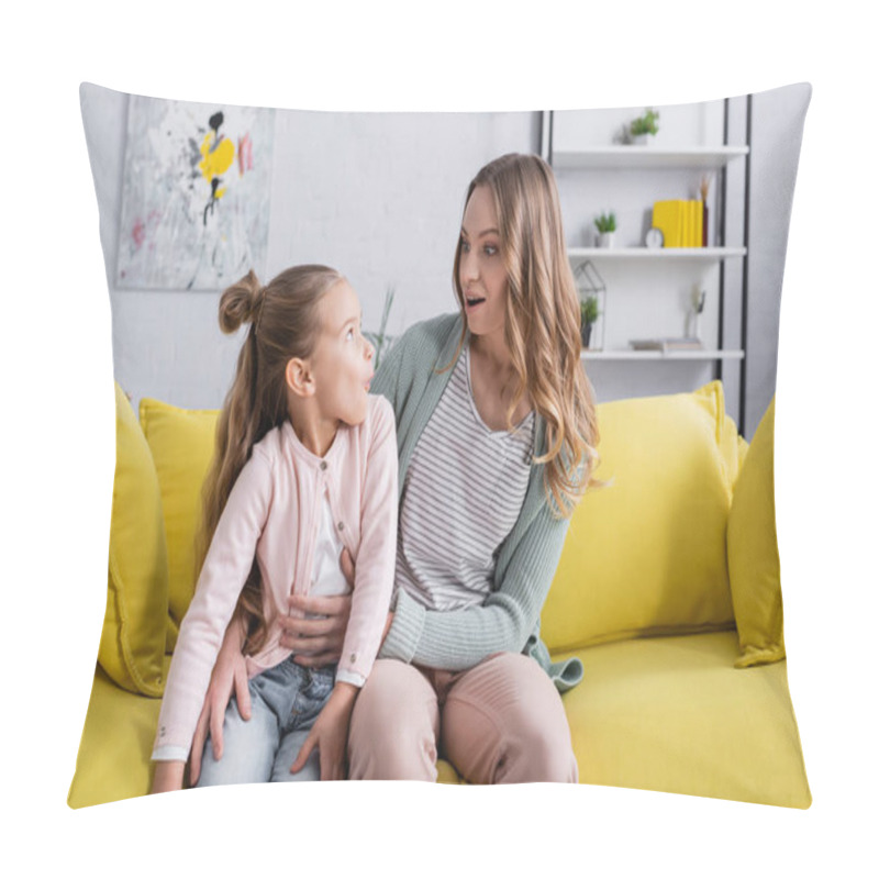 Personality  Amazed Kid Looking At Mother On Couch  Pillow Covers