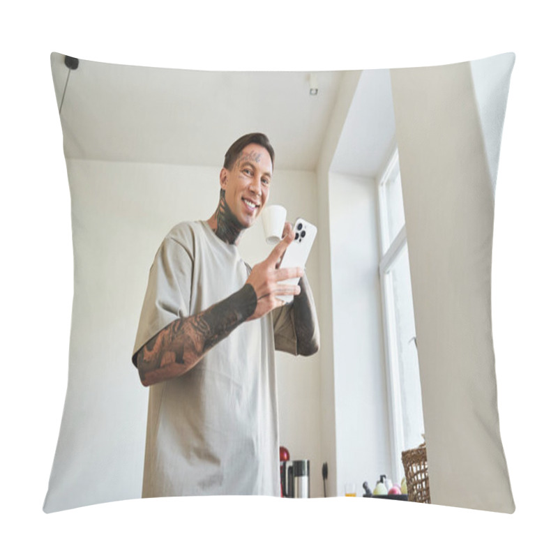 Personality  A Cheerful Young Man In A Casual T Shirt Happily Interacts With His Phone While Holding A Cup. Pillow Covers