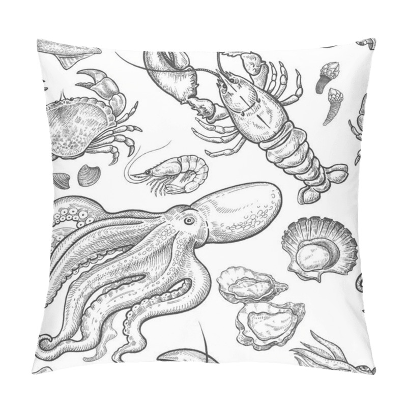 Personality  Black And White Seamless Pattern With Pictures Of Hand Drawings. Marine Animals And Shellfish. Vector Illustration With Seafood For Paper, Fabric, Kitchen And Restaurant Design. Vintage Engraving Art. Pillow Covers