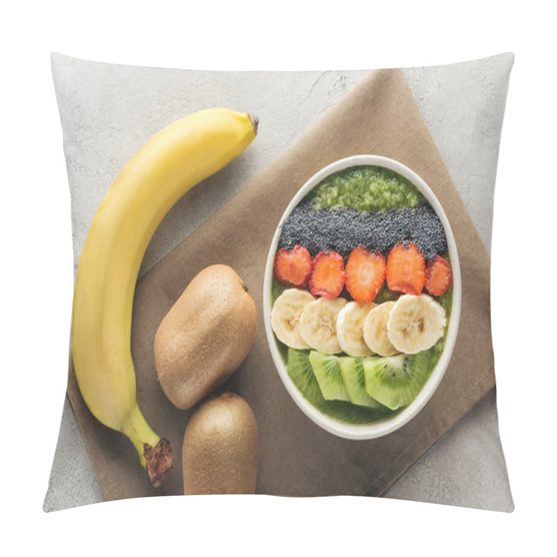 Personality  Top View Of Delicious Smoothie Bowl With Fresh Fruits And Ingredients On Grey Background Pillow Covers