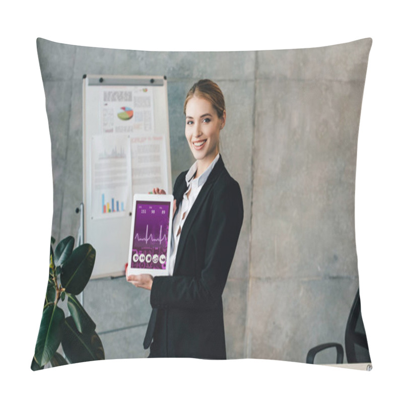 Personality  Smiling Businesswoman Showing Digital Tablet With Heartbeat Rate On Screen Pillow Covers