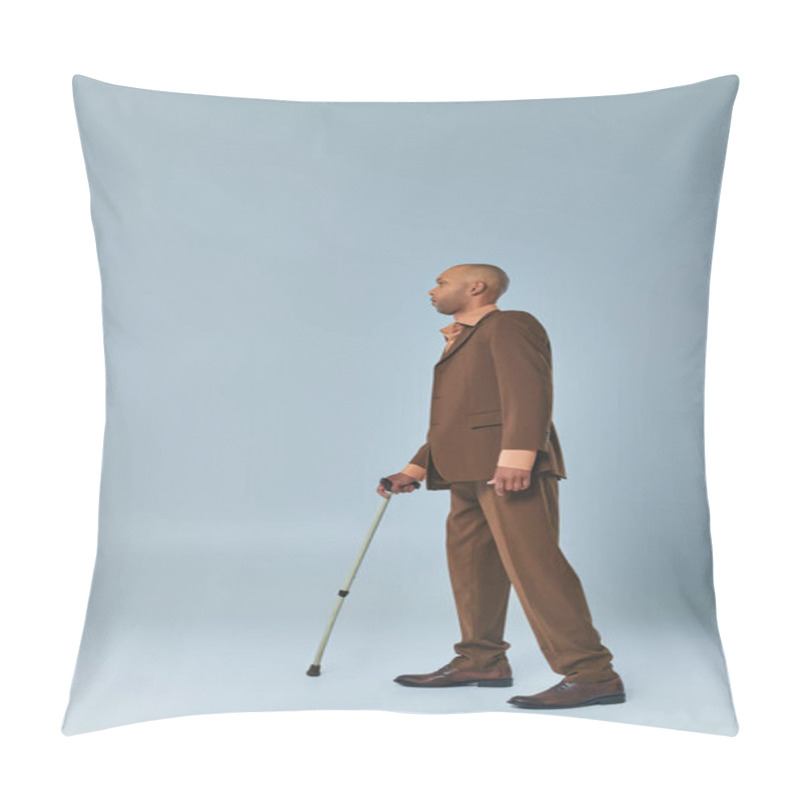 Personality  Real People, Full Length View Of African American Man With Myasthenia Gravis Leaning On Walking Cane On Grey Background, Dark Skinned Person In Suit, Diversity And Inclusion  Pillow Covers