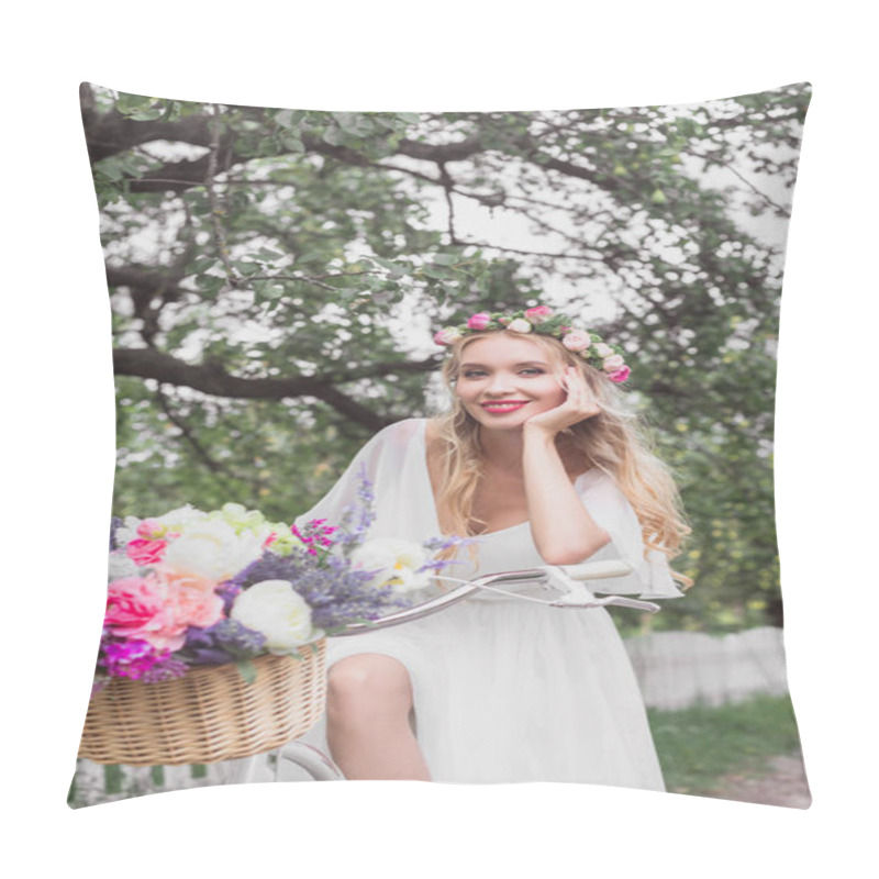 Personality  Beautiful Young Bride Riding Bicycle With Flower Basket And Smiling At Camera  Pillow Covers