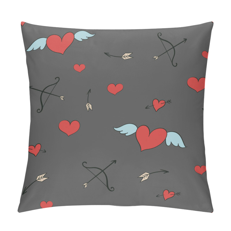 Personality  Colorful Winged Hearts And Arrows Pattern On A Dark Background In A Playful Design For Various Creative Projects Pillow Covers