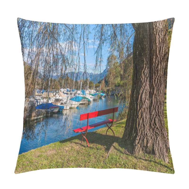 Personality  Red Bench On Lakeside Of Lake Maggiore, Switzerland. Pillow Covers