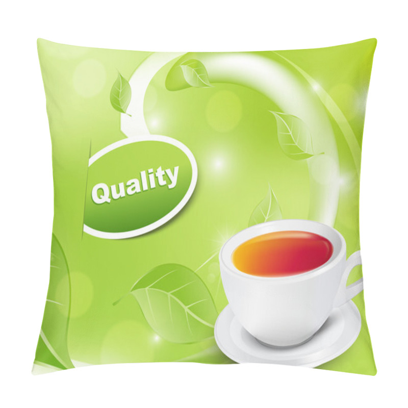 Personality  Vector White Tea Cup With The Leaves On A Green Background Pillow Covers