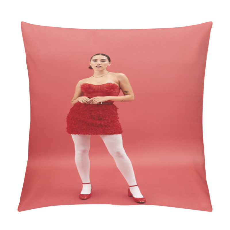 Personality  A Stylish Young Woman Stands Proudly In A Red Outfit, Showcasing Her Unique Fashion Sense. Pillow Covers