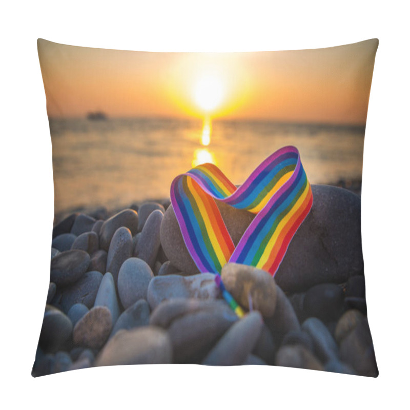 Personality  Rainbow Ribbon In The Shape Of A Heart - A Symbol Of LGBT On Stones By The Sea At Sunset Pillow Covers