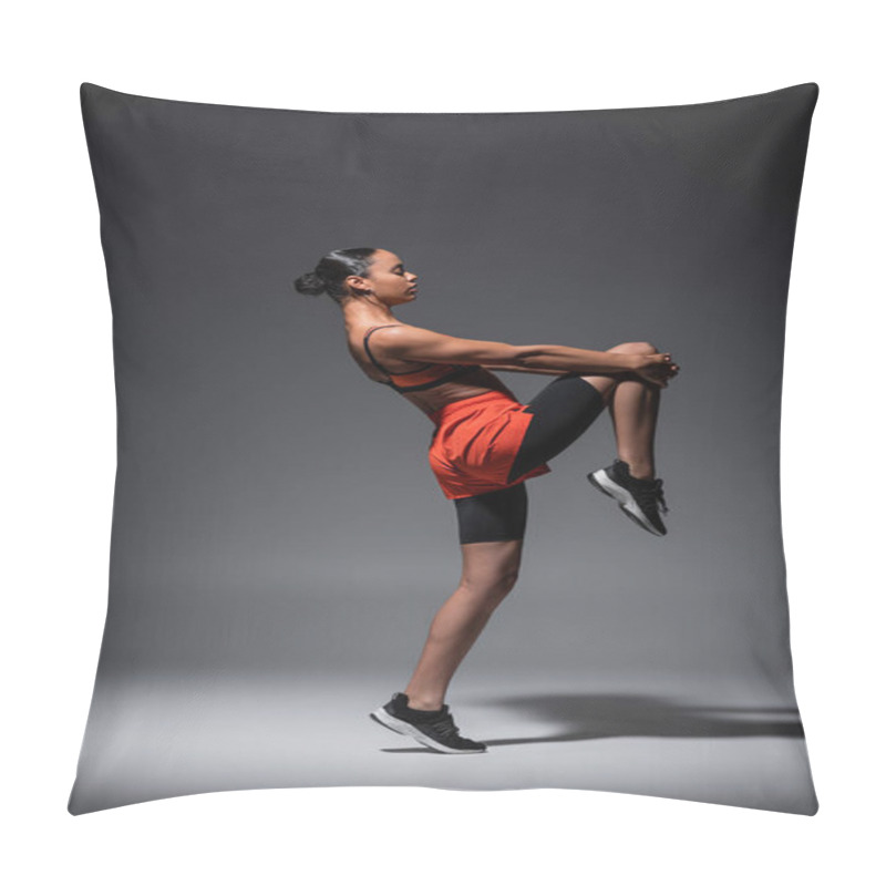 Personality  Full Length Of Sportive African American Woman In Sneakers Training On Grey  Pillow Covers