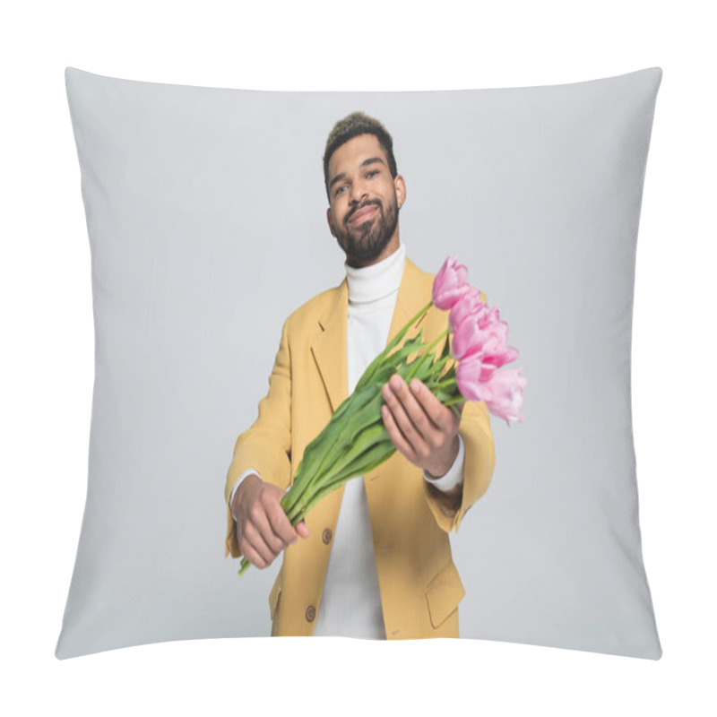 Personality  Pleased African American Man In Stylish Outfit Holding Bouquet Of Pink Tulips Isolated On Grey  Pillow Covers