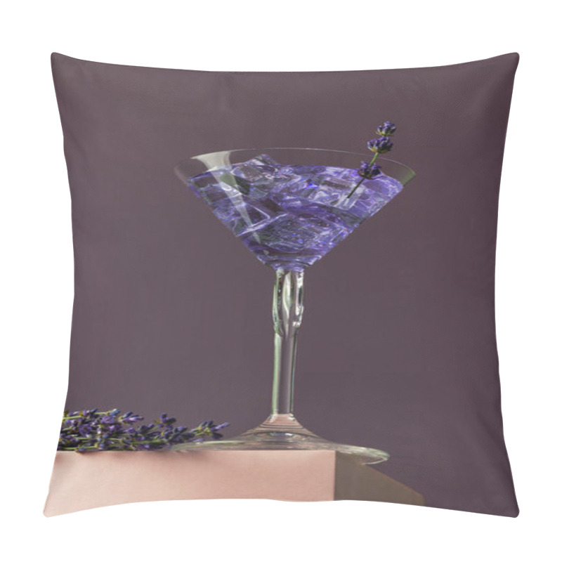 Personality  Purple Cocktail Drink In A Glass With Lavender Flowers On A Pink Podium. Summer Fresh Cocktail Concept. Copy Space. Pillow Covers