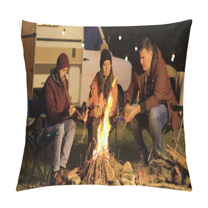 Personality  Girl Warming Up Her Hands While Her Friend Making The Fire Stronger Pillow Covers