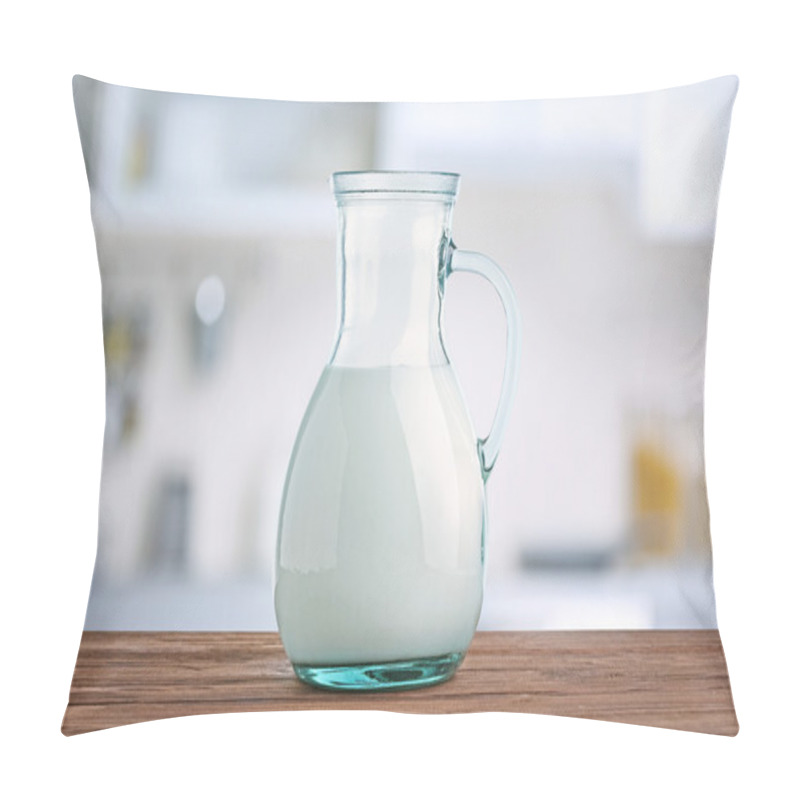 Personality  Glass Jug Of Milk On Wooden Table Against Blurred Kitchen Background. Dairy Concept. Pillow Covers