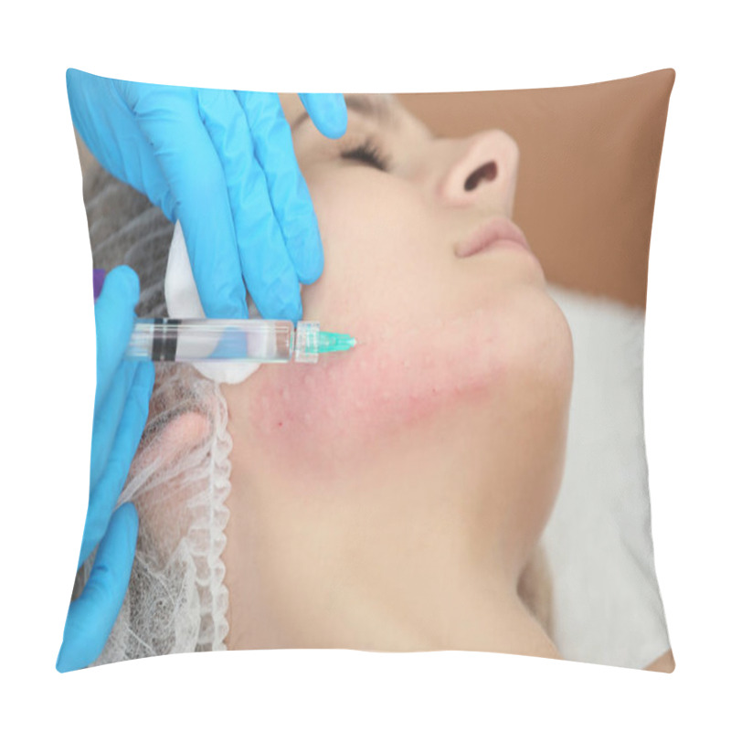 Personality  Beautician Making Injection In Woman's Face, Closeup. Biorevitalization Procedure Pillow Covers