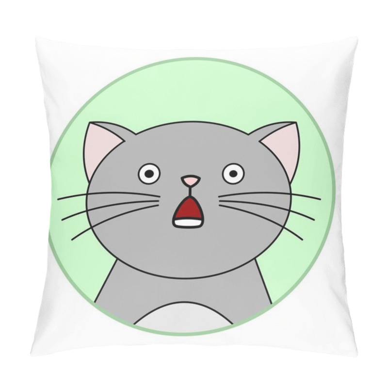 Personality  Cute Shocked Cat, Round Icon, Emoji. Gray Cat With Whiskers, With A Mouth Open From Shock, Round Eyes. Vector Image Isolated On A White Background. Pillow Covers