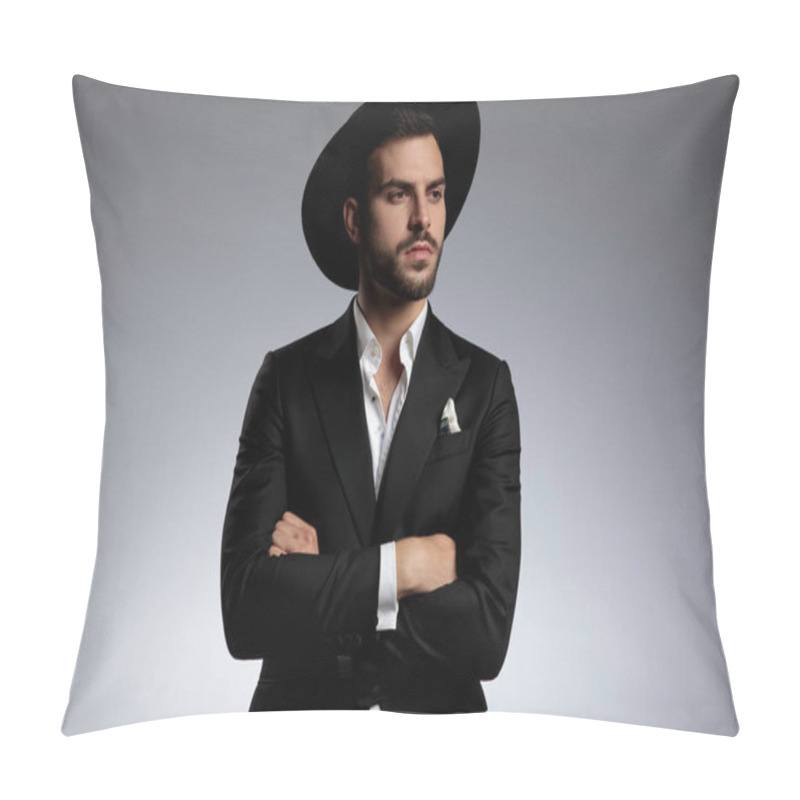 Personality  Elegant Young Model Wearing Tuxedo And Black Hat Pillow Covers