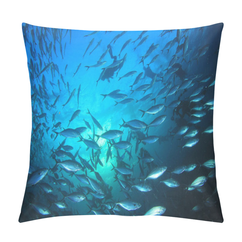 Personality  Silhouettes Of Divers With Fish Around. Underwater Life. Pillow Covers