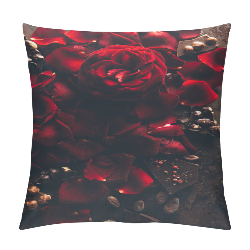 Personality  Top View Of Beautiful Red Rose Petals And Gourmet Chocolate With Hazelnuts   Pillow Covers