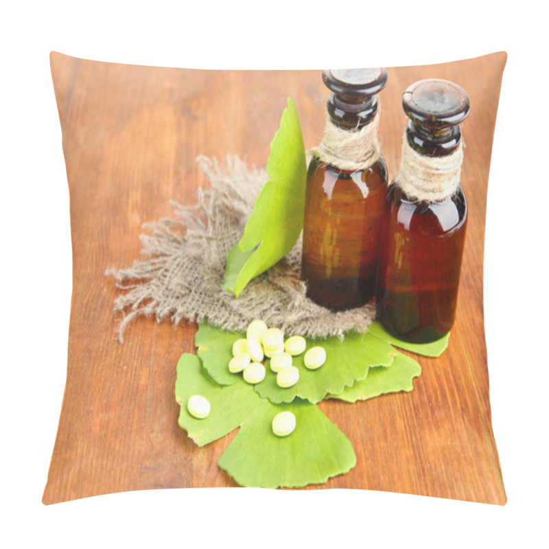 Personality  Ginkgo Biloba Leaves And Medicine Bottles On Wooden Background Pillow Covers