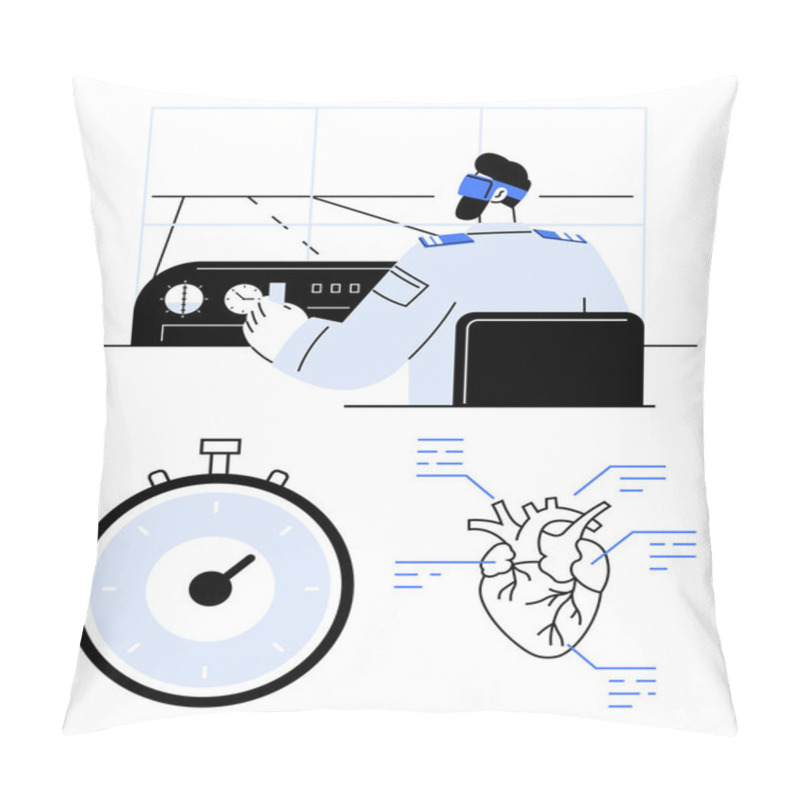 Personality  Pilot Operating Aircraft In Cockpit Stopwatch Indicating Precise Time, Heart Diagram With Annotations. Ideal For Aviation, Healthcare, Cardiology, Precision, Time Management, Safety, Technology Pillow Covers