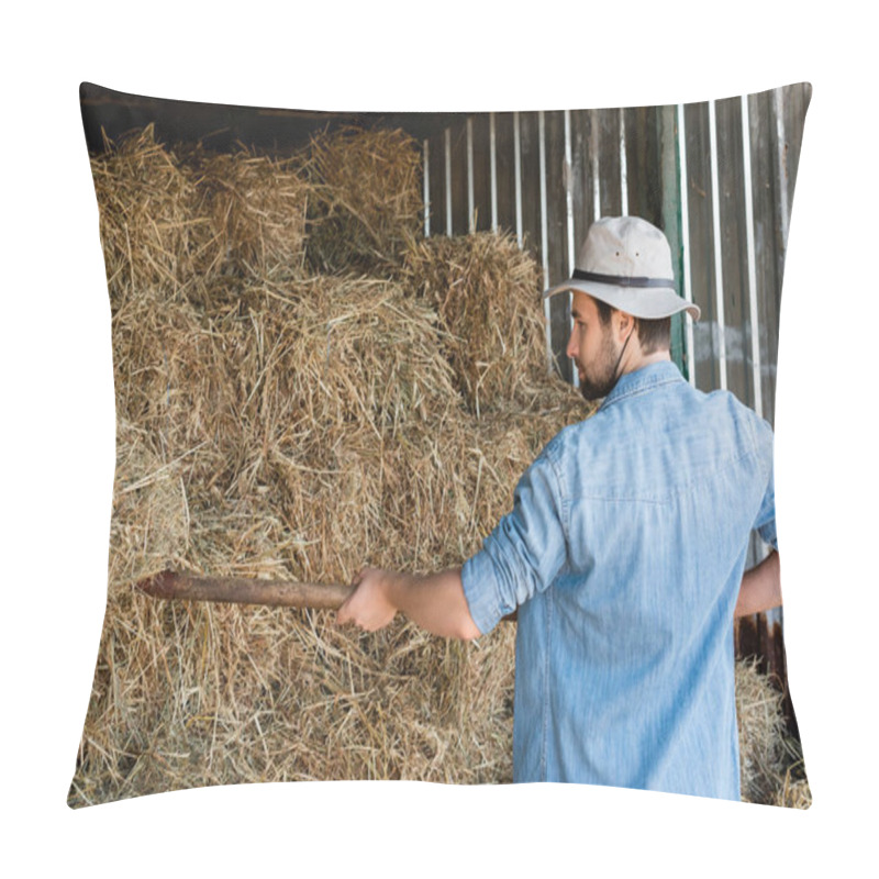 Personality  Farmer In Brim Hat And Denim Shirt Stacking Dry Hay On Farm Pillow Covers