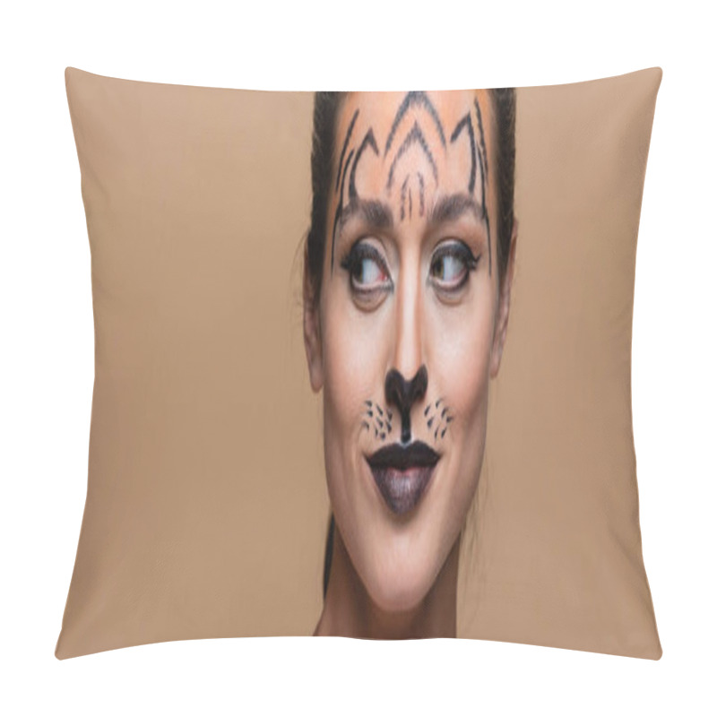 Personality  Sly Woman With Tiger Makeup Looking Away Isolated On Beige, Banner Pillow Covers