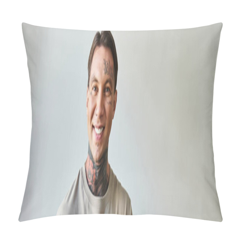 Personality  In A Cozy Indoor Space, A Confident Young Man Smiles Brightly, Celebrating His Uniqueness. Pillow Covers