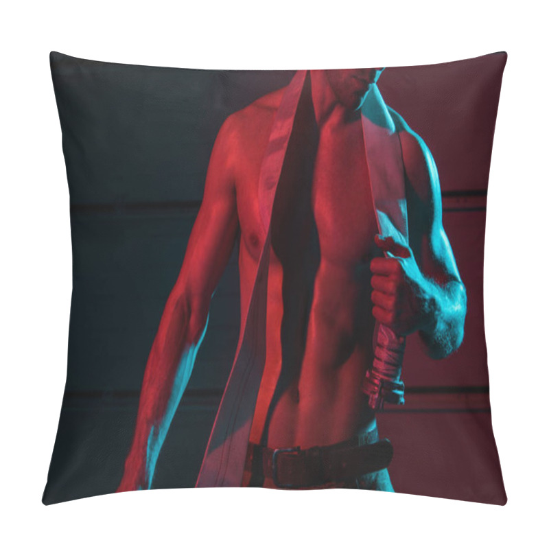 Personality  Cropped View Of Shirtless Fireman Holding Fire Hose In Darkness Pillow Covers