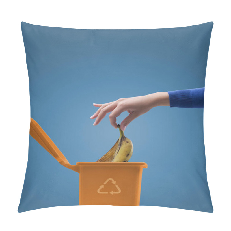 Personality  Woman Putting Biodegradable Organic Waste In A Bin, Separate Waste Collection And Recycling Concept Pillow Covers